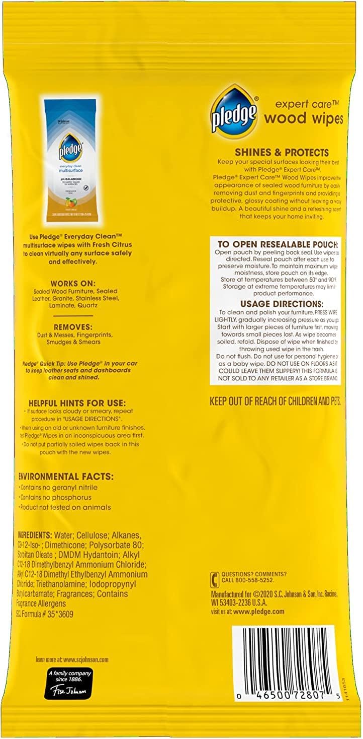 Pledge Expert Care Wood Wipes, Shines and Protects, Scented, 24 Count (Pack of 1)