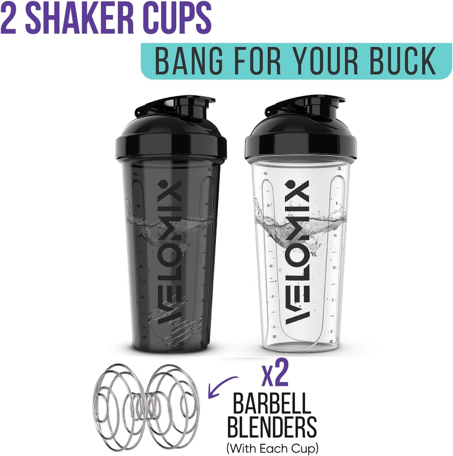 Protein Shaker Bottles for Protein Mixes - Wire Whisk, Leak Proof Shaker Cups (2 Pack- 28 oz )