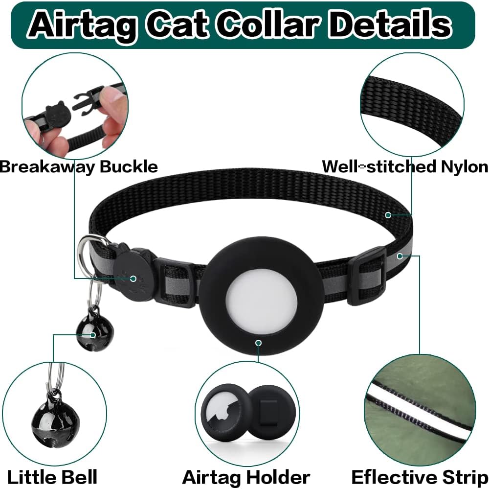 Air Tag Cat Collar, Reflective Kitten Collar with Apple Air Tag Holder and Bell