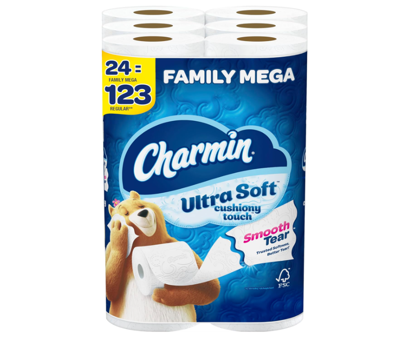 Charmin Ultra Soft Cushiony Touch Toilet Paper, 24 Family Mega Rolls = 123 Regular Rolls