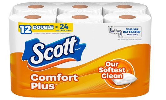 Scott Comfort Plus Toilet Paper, Septic-Safe, 1-Ply Toilet Tissue 12 Double Rolls